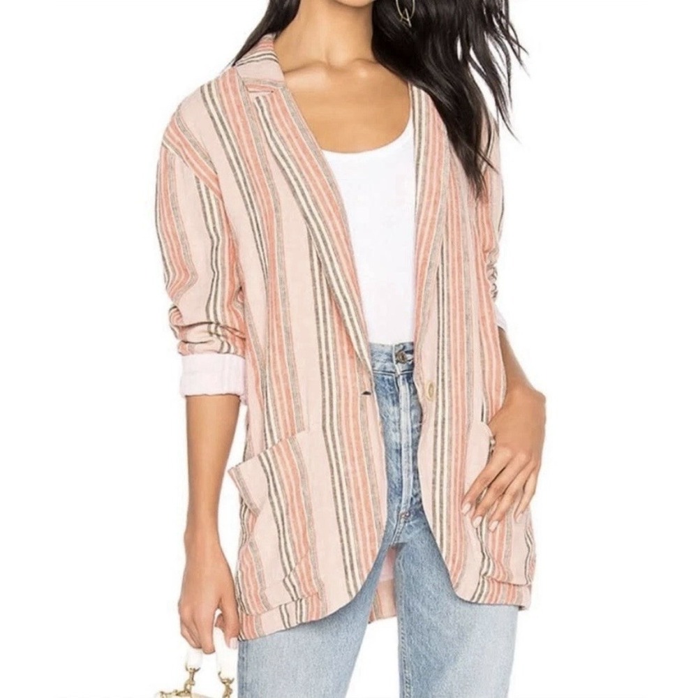 Free People Small Pink Simply Stripe Blazer Linen Blend Pockets Boho Western